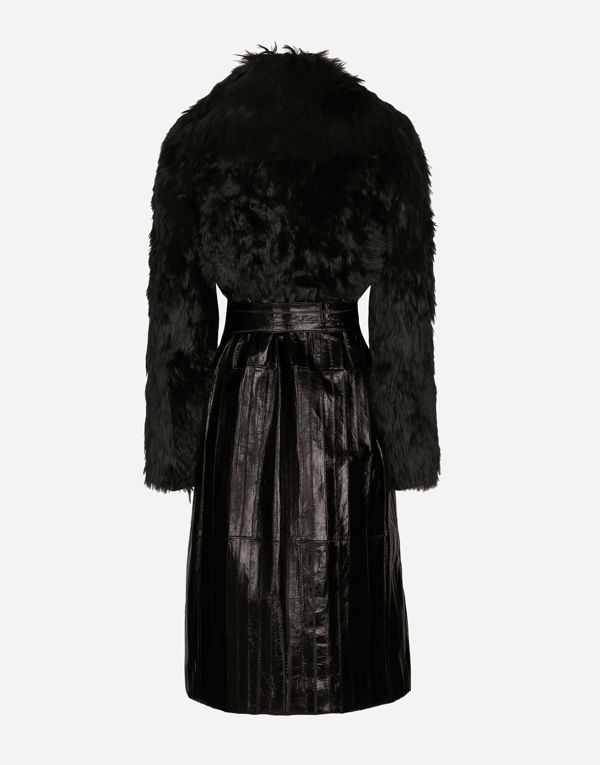Alpaca and eel skin single-breasted coat with belt in Black
