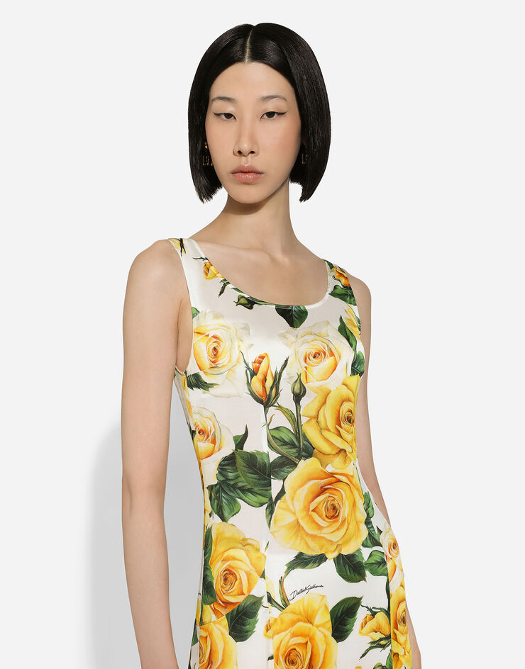 Dolce & Gabbana Long organzine round-neck dress with yellow rose print Print F6DAOTFS8C3