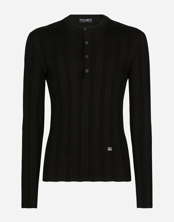 Dolce & Gabbana Silk and cotton granddad-neck sweater with DG patch Black GXK01ZJDMO6