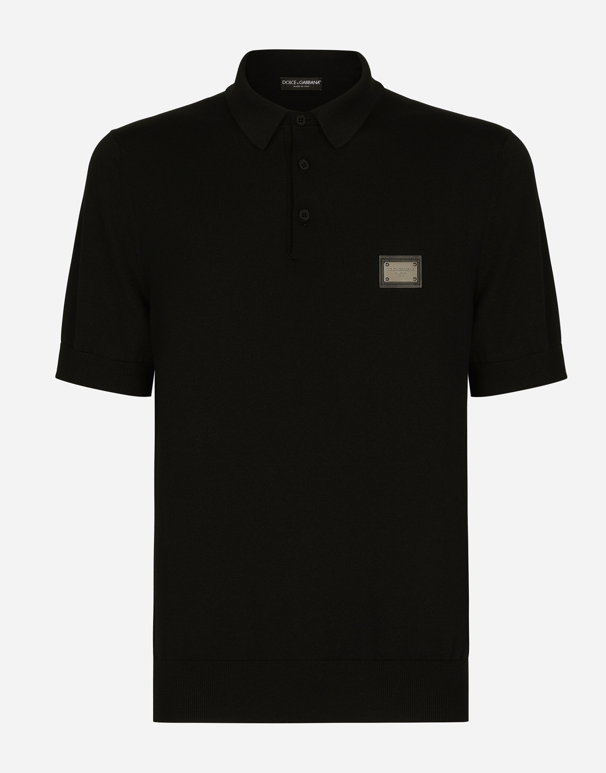 Dolce & Gabbana Poloshirt aus Wolle mit Logoplakette Schwarz G2PS2THJMOW