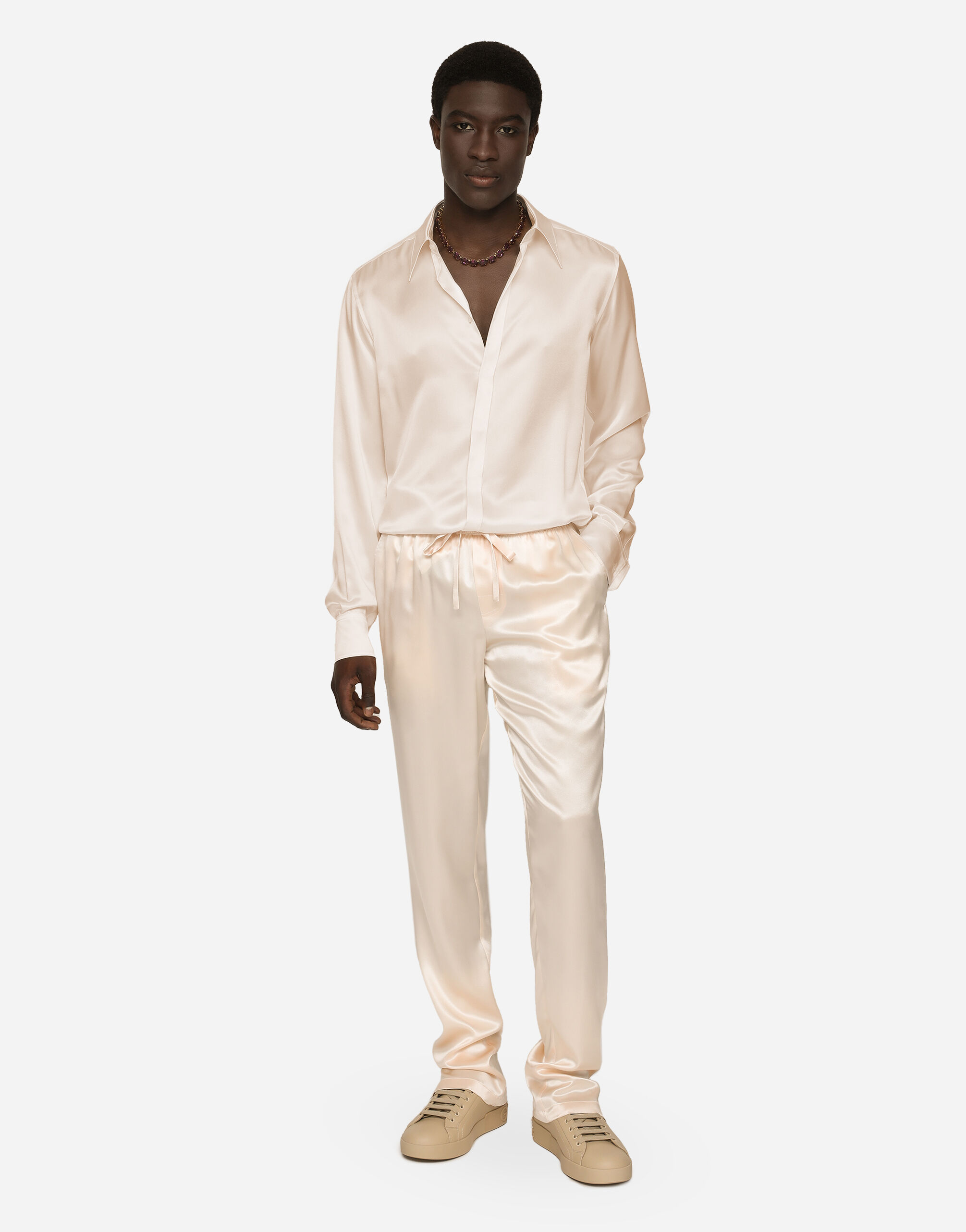 Silk satin Martini-fit shirt with metal DG logo in Pale Pink