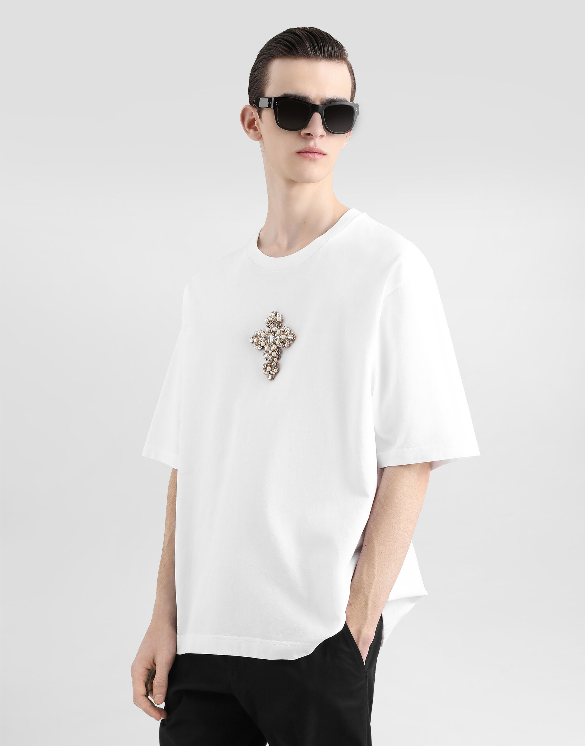 Cotton T-shirt with fine patch in White for Men | Dolce&Gabbana® US
