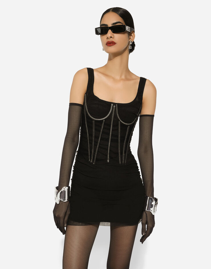 Dolce & Gabbana Vestido corto de tul con detalles corseteros Negro F6GALTFLEAA