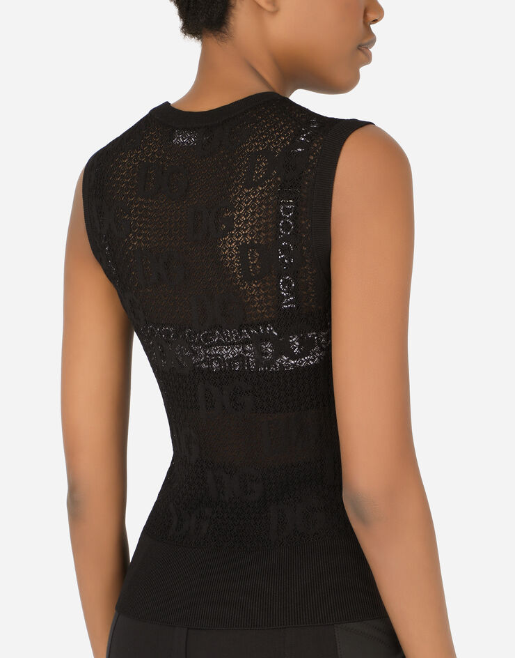 Dolce & Gabbana Sleeveless lace-stitch sweater with DG logo Black FXD66TJAIEK
