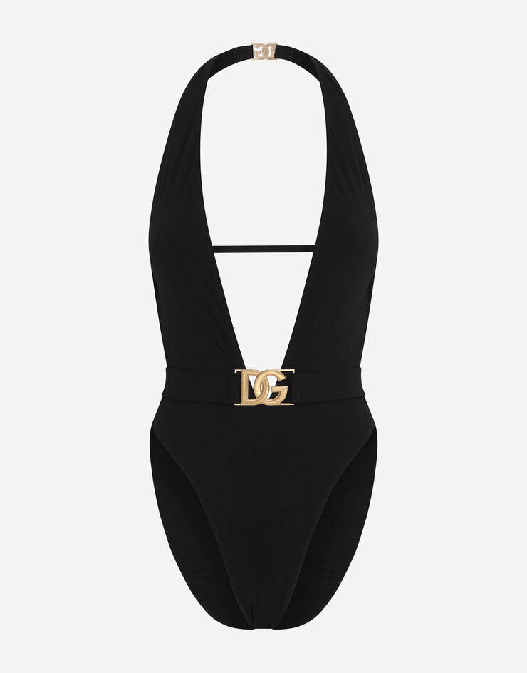 Dolce & Gabbana One-piece swimsuit with plunging neck and belt Black O9B74JFUGA2