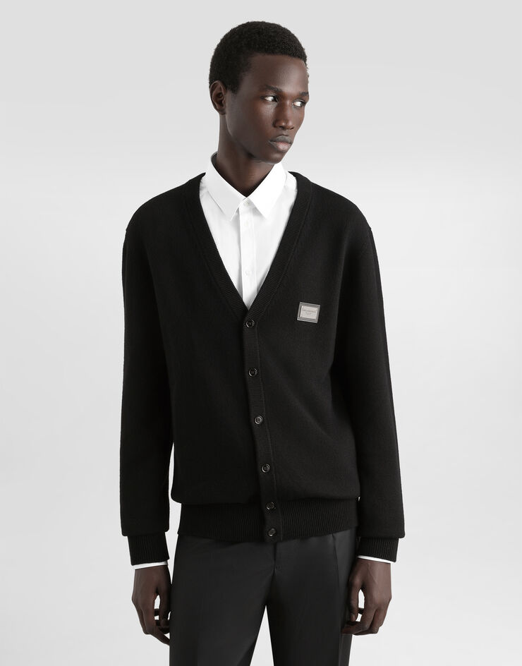 Dolce & Gabbana Cashmere and wool cardigan with branded tag Black GXO37TJGMG9