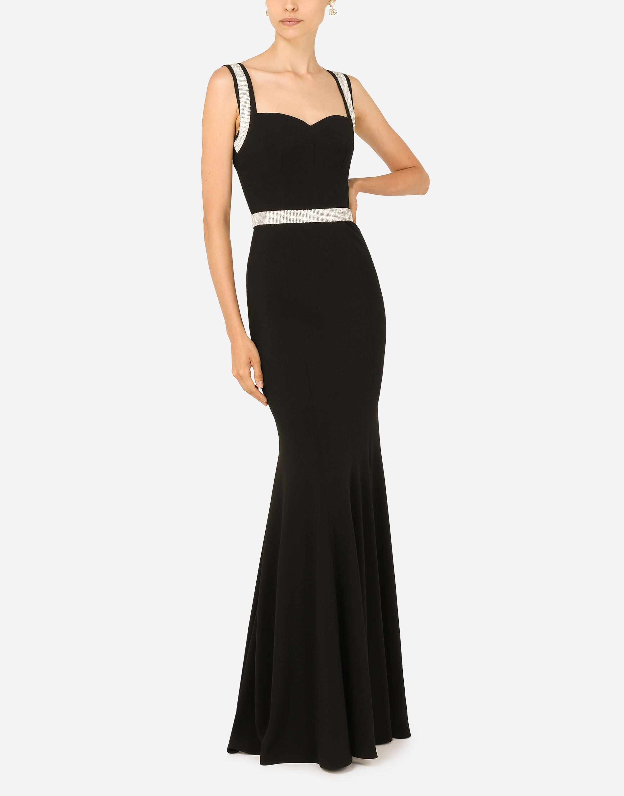 Long cady dress with rhinestone details in Black for Women Dolce Gabbana