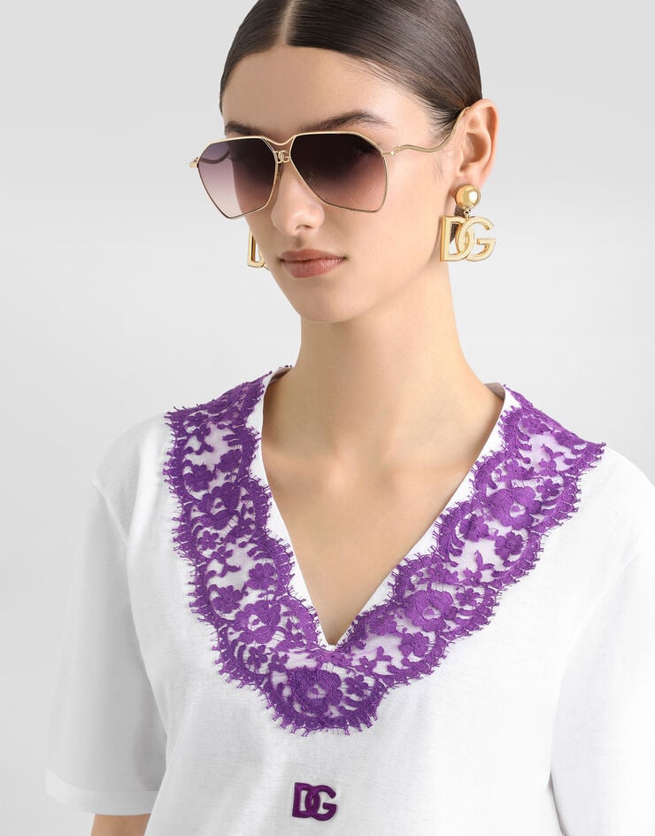 Dolce & Gabbana Jersey t-shirt with lace and DG patch White F8G99ZGDDBP