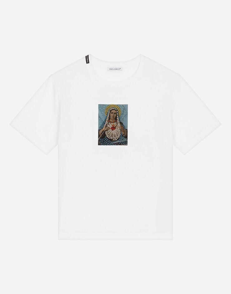 Dolce&Gabbana Short-sleeved jersey T-shirt with fusible rhinestones and print White L4JTEYG7K2A
