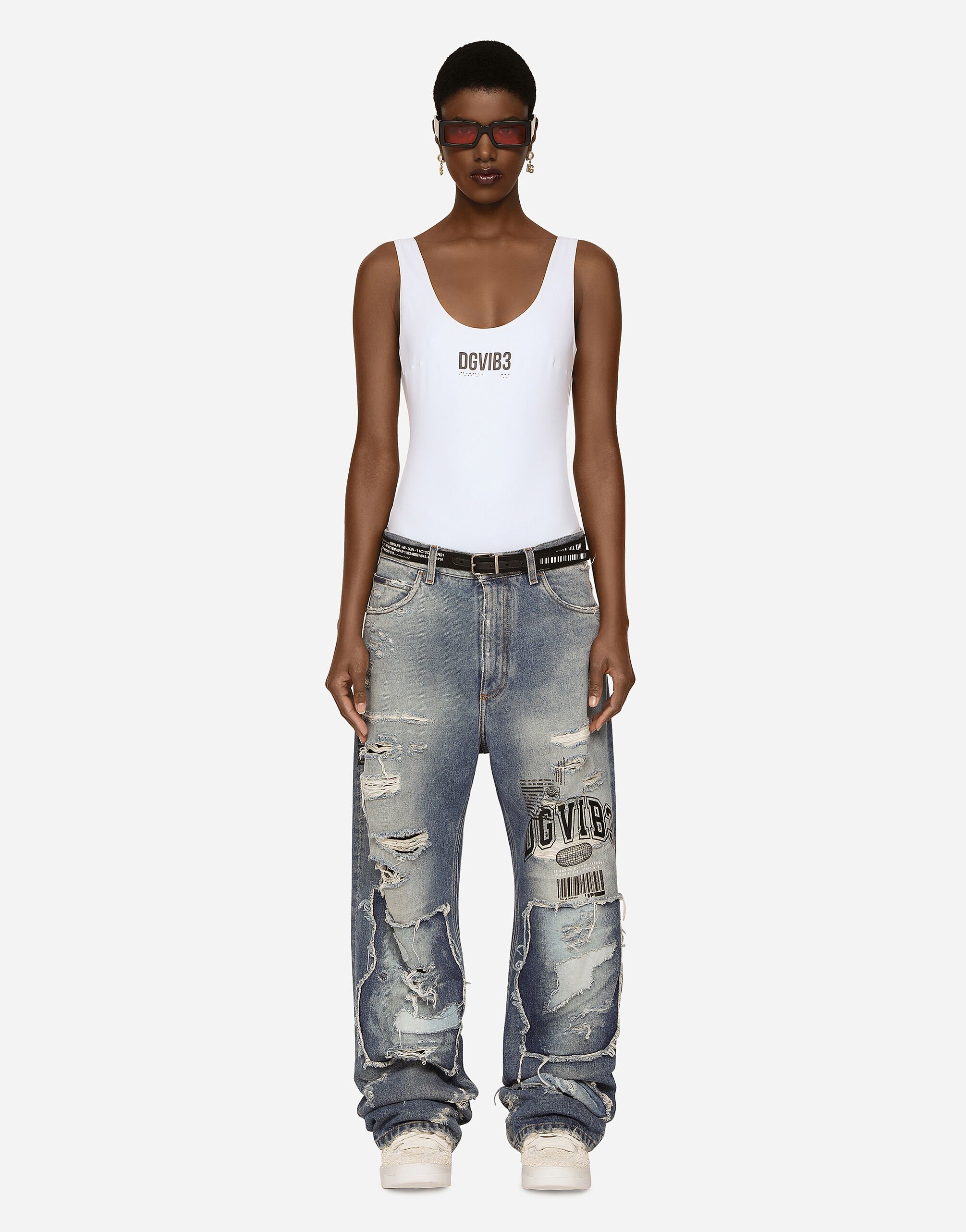Dolce & Gabbana Jeans gamba larga in denim con rotture e abrasioni Nero F9R72ZGH095