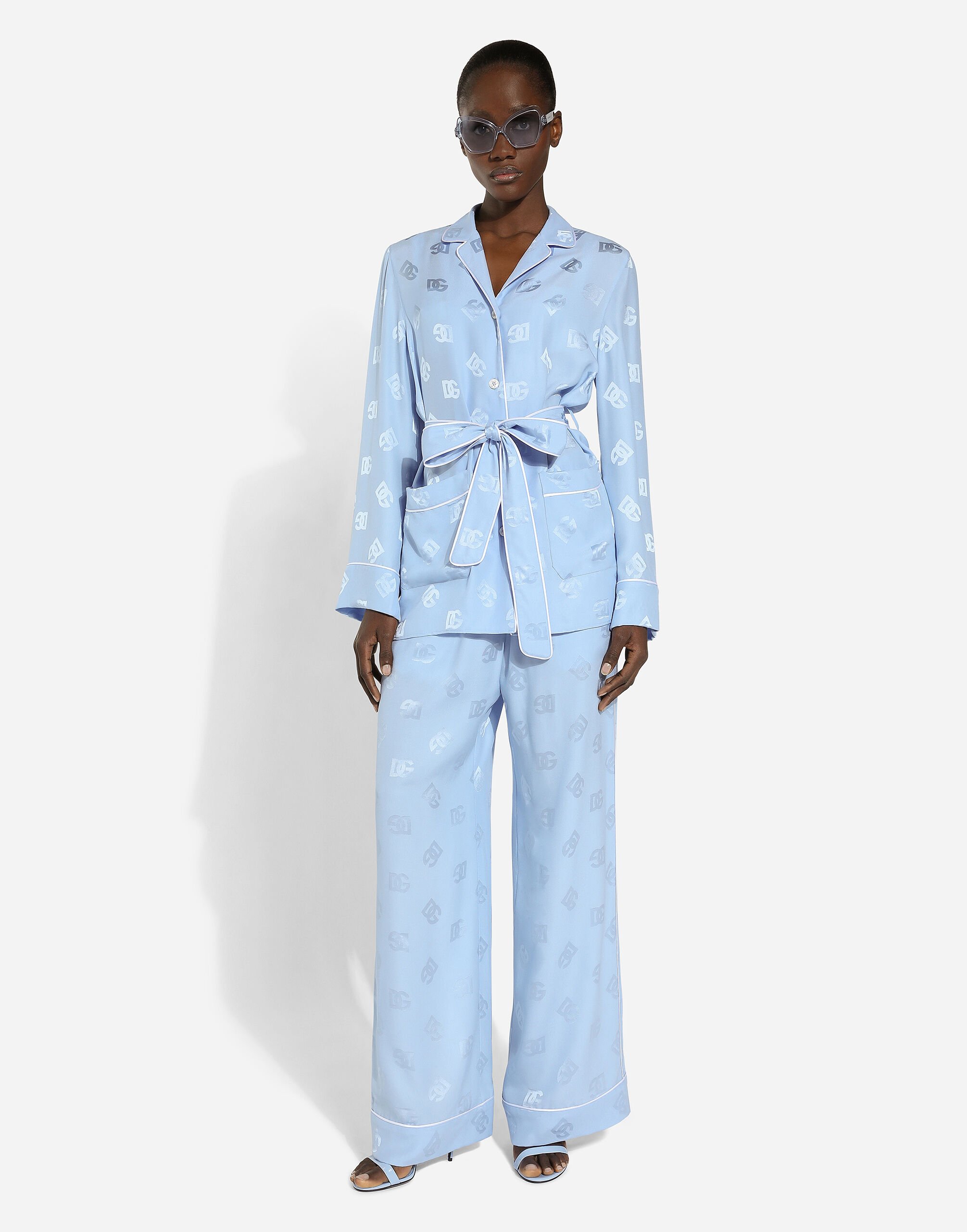Silk satin jacquard pajama pants with all-over DG logo in