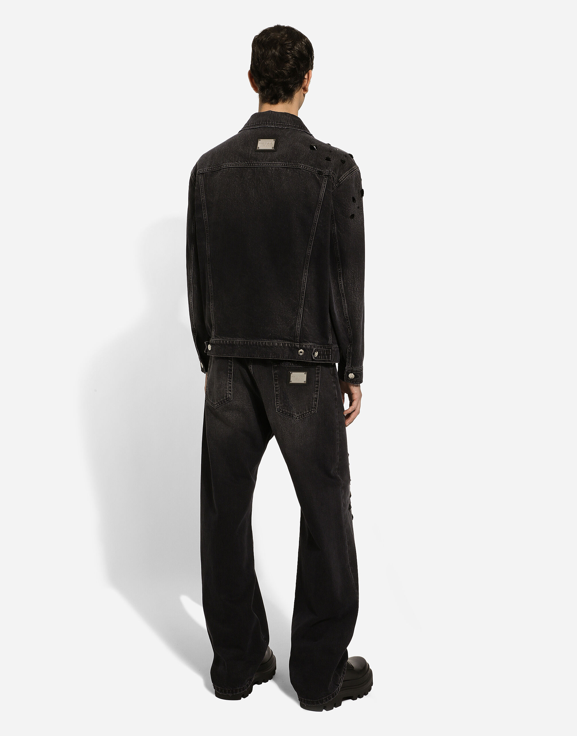Washed denim jacket with rhinestone embellishment in Black for