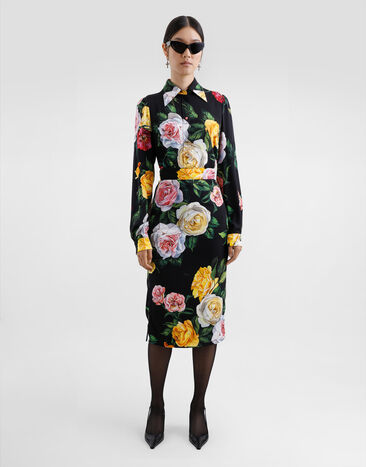 Dolce & Gabbana Jupe mi-longue en charmeuse à imprimé pivoines et roses Imprimé F4B6UTFSA7B