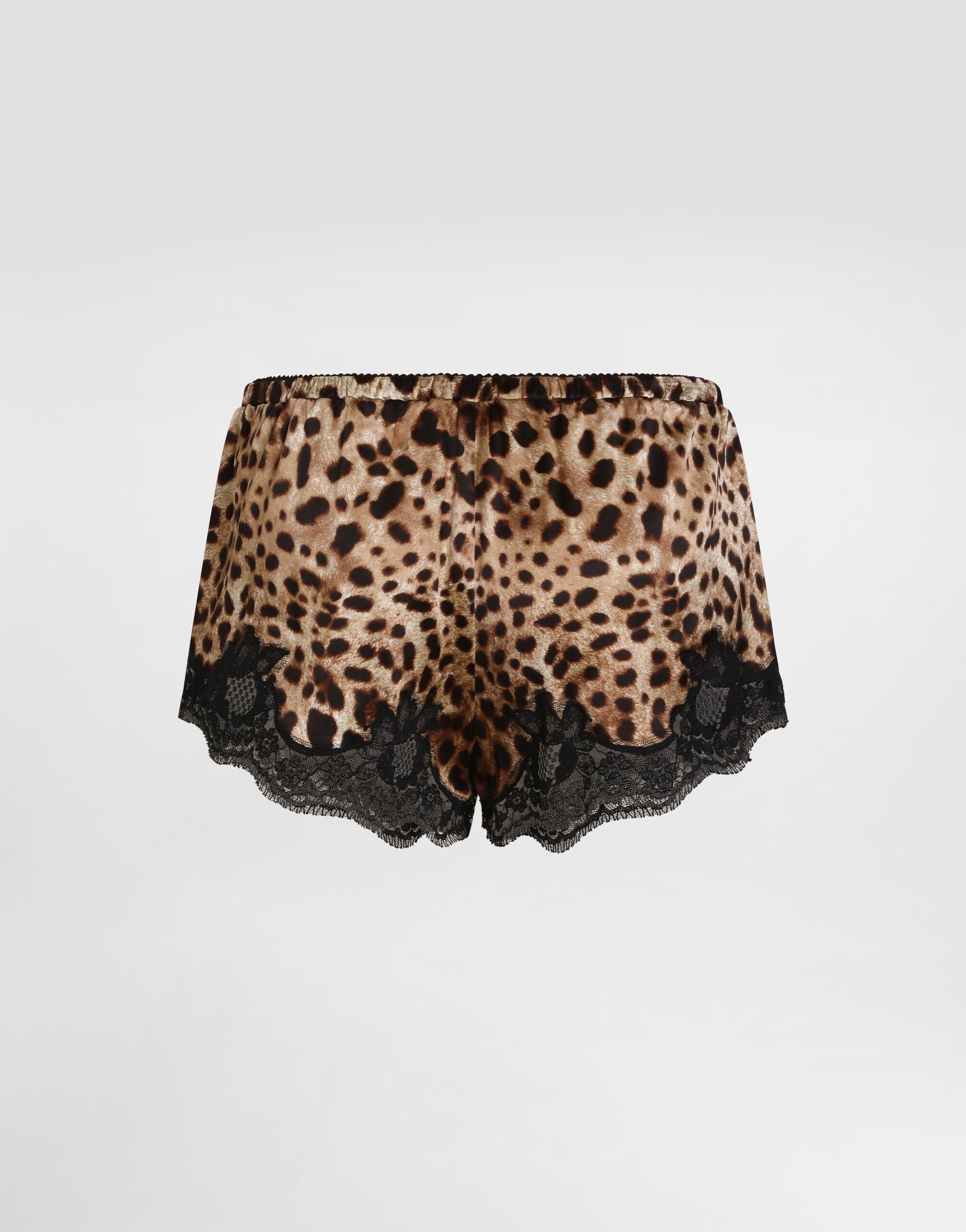 Leopard-print satin lingerie shorts with lace detailing in Leopard-print satin lingerie shorts with lace detailing in