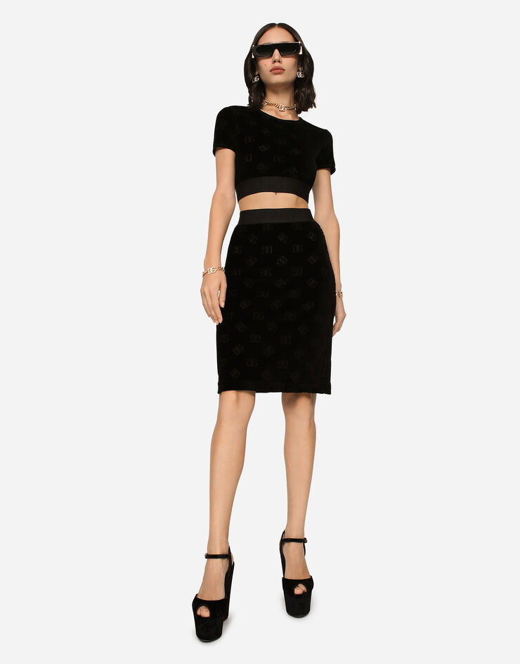 Dolce & Gabbana Falda midi de punto aterciopelado con motivo integral del logotipo DG Negro F4CJUTFJ7DL