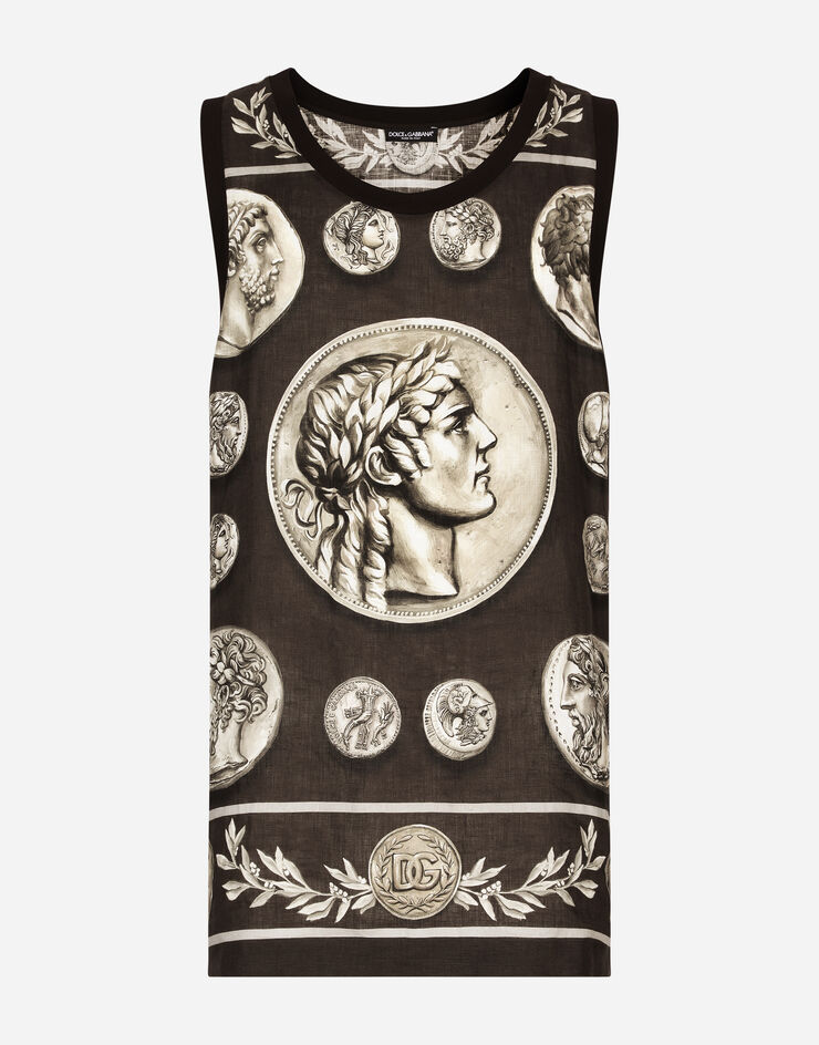Dolce&Gabbana Coin print tank top in cotton and linen Brown G8OM9TFP4M0