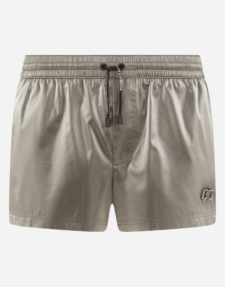 Dolce & Gabbana Short iridescent nylon swim trunks with patch Grey M4B91TFUSST