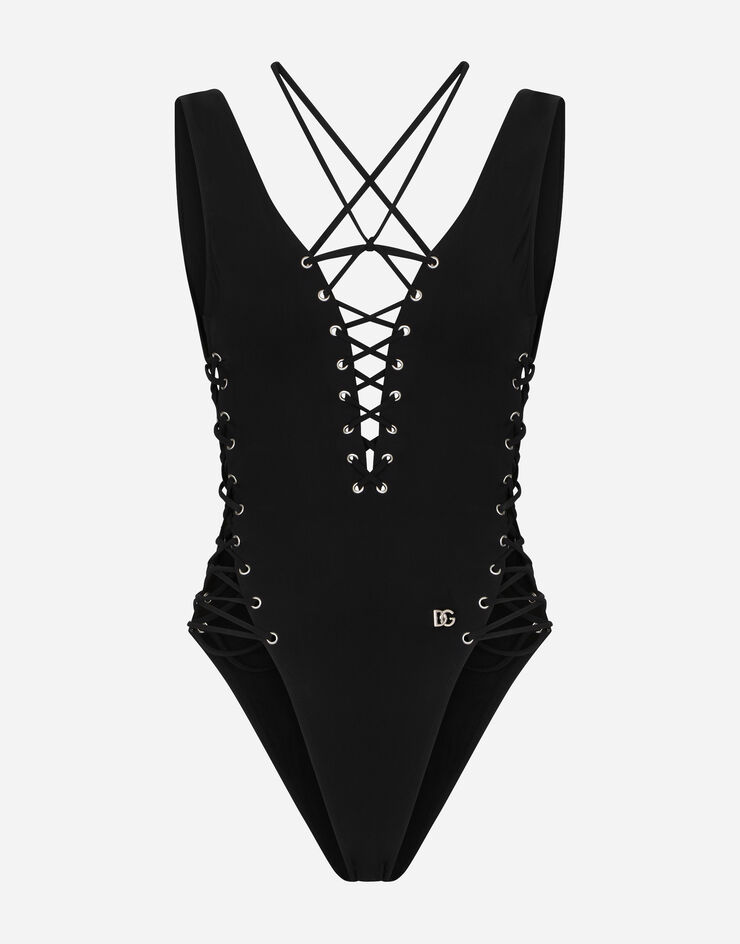 Dolce & Gabbana One-piece swimsuit with plunging neckline and lacing and eyelets Noir O9C13JONM64