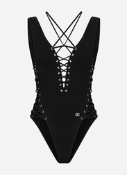 Dolce & Gabbana One-piece swimsuit with plunging neckline and lacing and eyelets Print O8A54JFSG8C