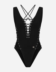 Dolce & Gabbana One-piece swimsuit with plunging neckline and lacing and eyelets Print O8C09JFSG8G