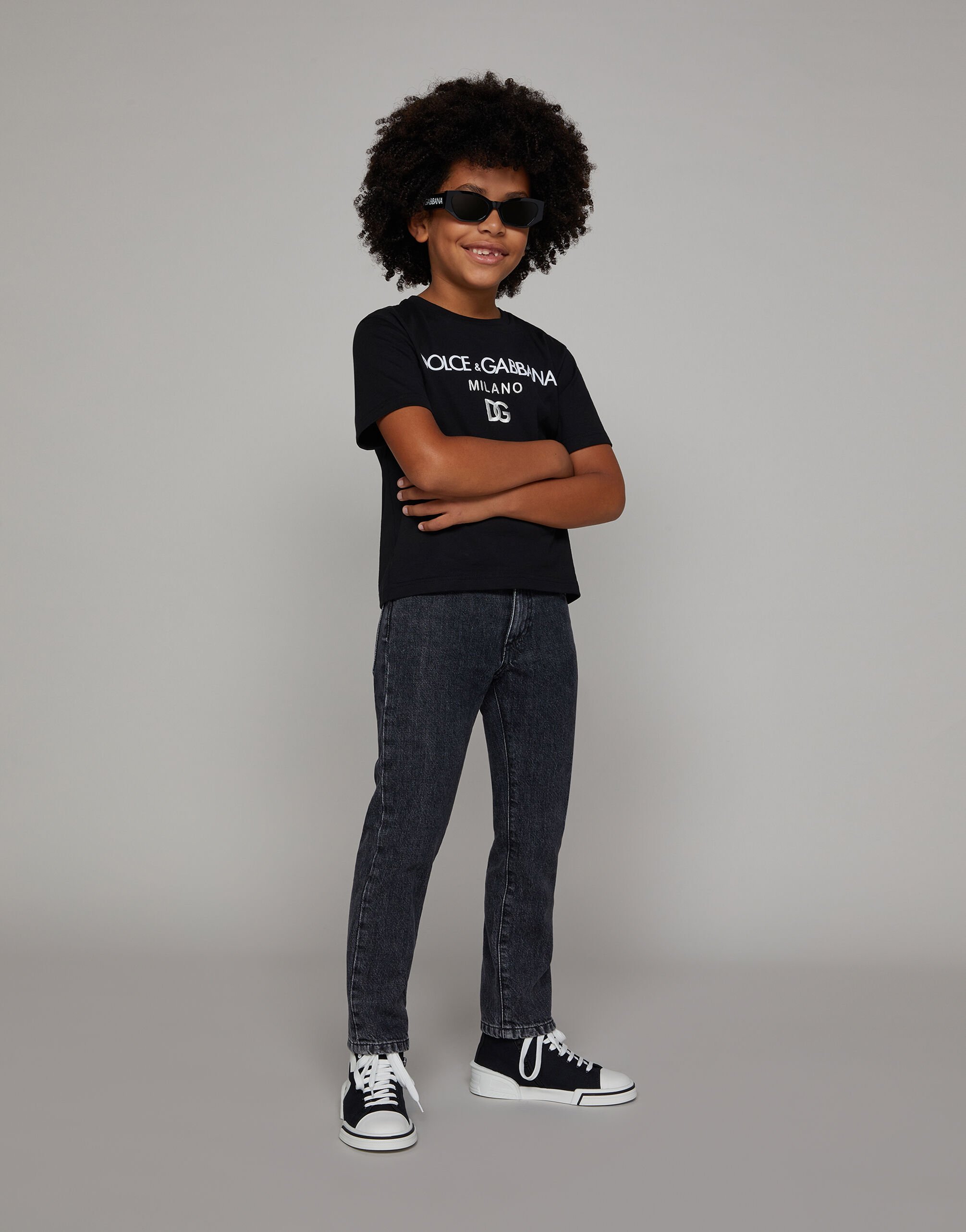 ブラックのボーイズ Jersey round-neck T-shirt with DG Milano