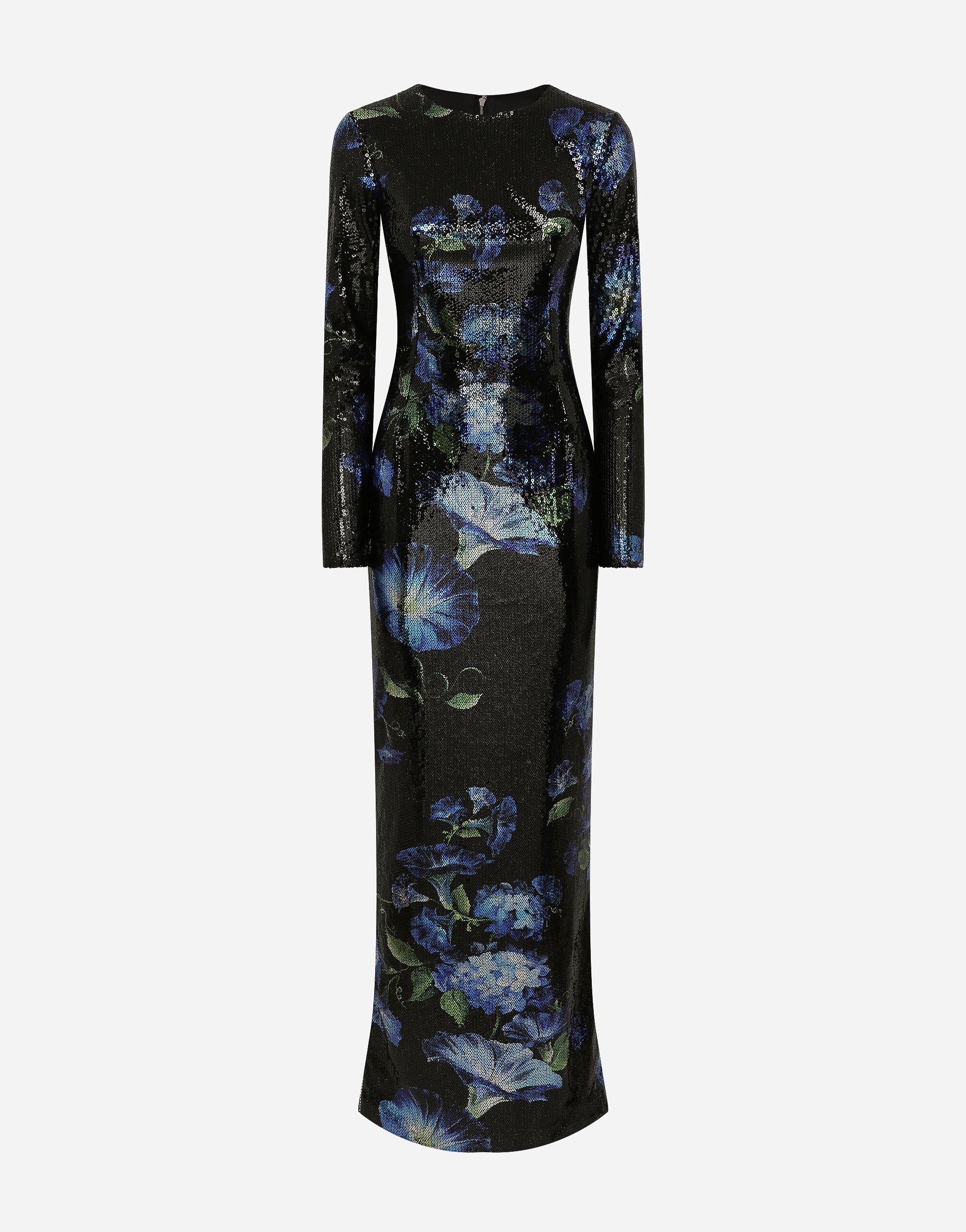 Dolce & Gabbana Long sequined dress with bluebell print Print F6GAZTHS5Q0