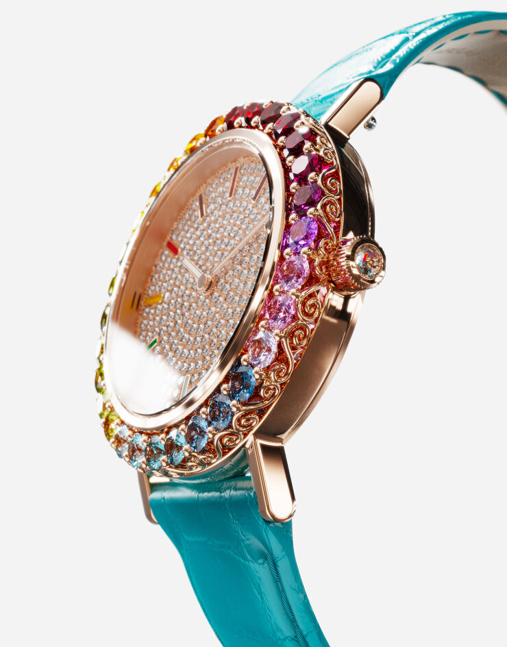 Dolce & Gabbana 멀티컬러 고급 젬스톤 & 다이아몬드 장식 로즈 골드 아이리스 워치 튀르쿠아즈 WWLB2GXA0XA
