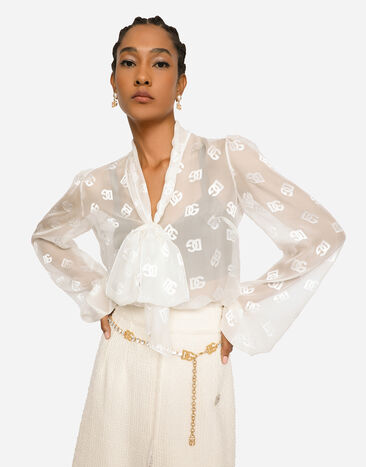Dolce & Gabbana Devoré satin pussy-bow shirt with all-over DG logo Dolce & Gabbana Devoré satin pussy-bow shirt with all-over DG logo White F5N70TFJTBR