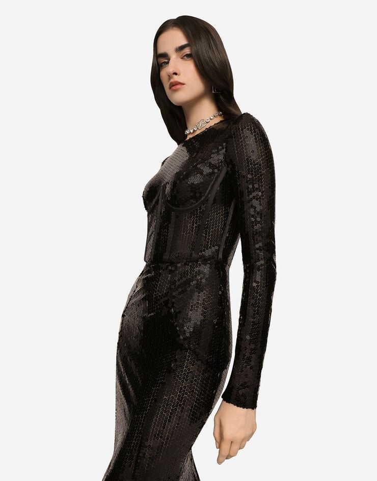 Dolce & Gabbana Vestido largo de lentejuelas con detalle de corsé Negro F6AUGTFLSHF