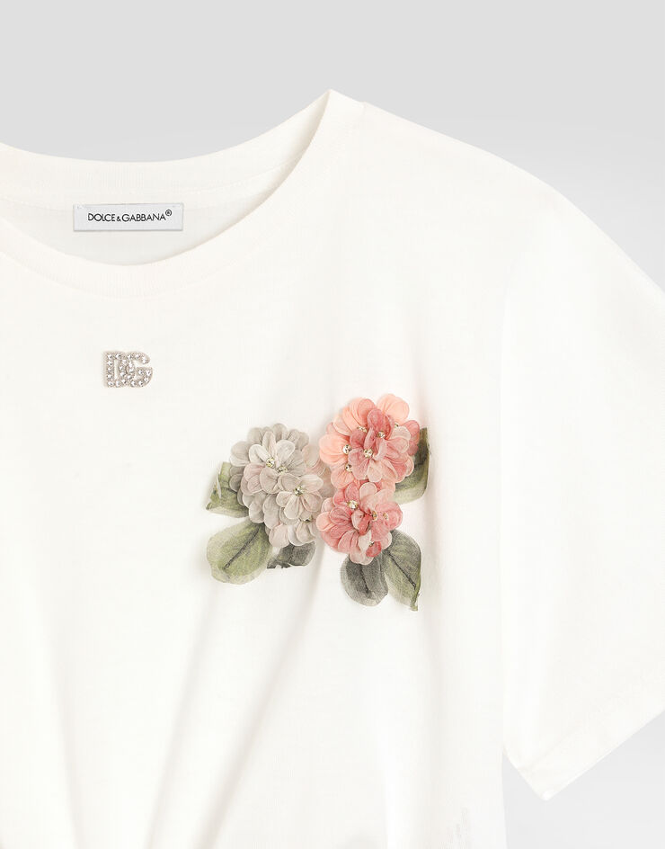 Dolce & Gabbana Jersey t-shirt with floral embellishments and DG logo White L5JTPVG7PQN