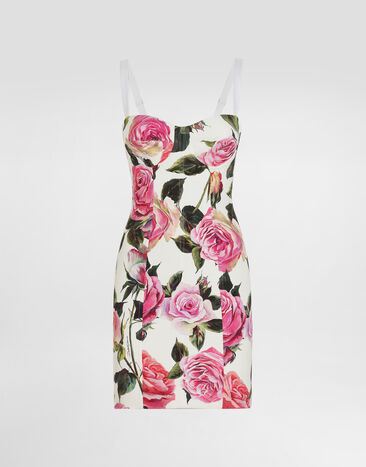 Dolce & Gabbana Bustierkleid aus Baumwolljacquard Rosenprint Drucken F6TMZTFSRQJ