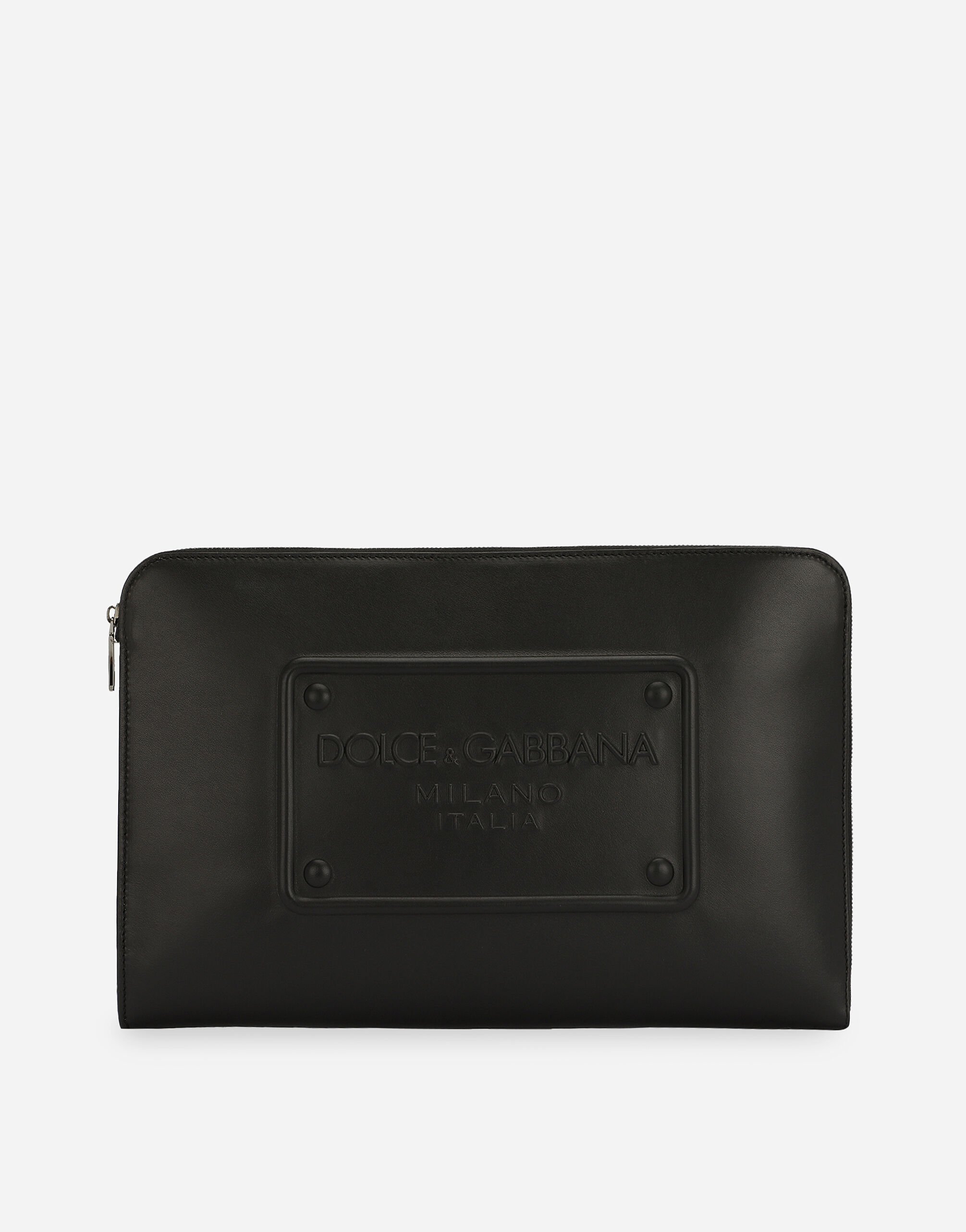 Dolce & Gabbana حقيبة باوتش كبيرة من جلد عجل بشعار بارز بني BM2338A8034