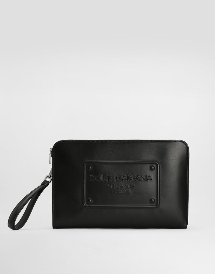 Large calfskin pouch with raised logo in Black for Men 