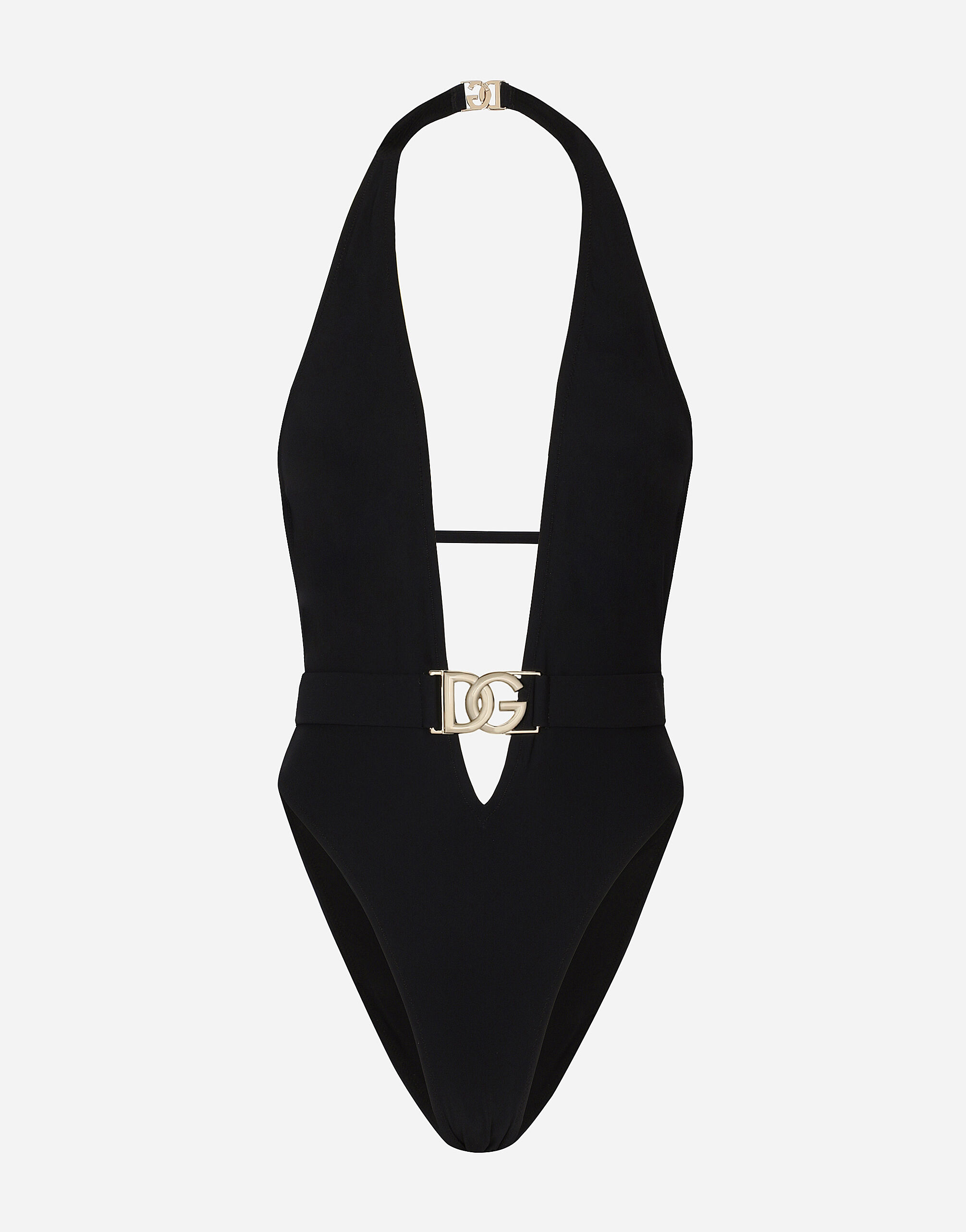 One piece swimsuit with plunging neck and belt in Black for Women Dolce Gabbana