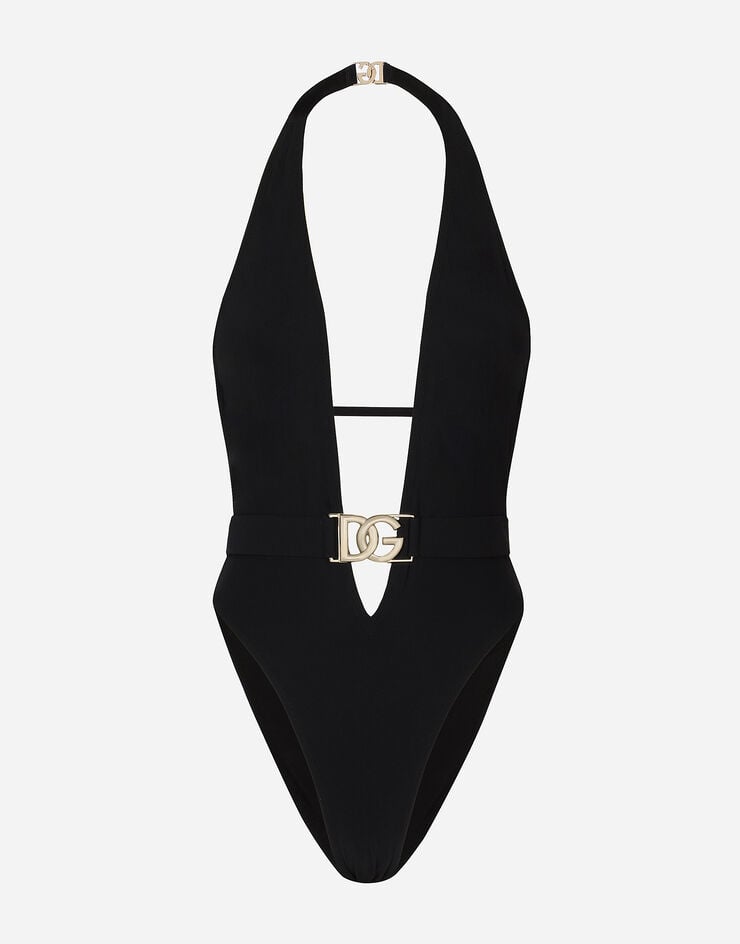 Dolce & Gabbana One-piece swimsuit with plunging neck and belt Black O9B74JONO12