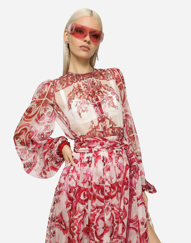 Dolce&Gabbana Vestido midi de chifón con estampado Maiolica Multicolor F6AOJTHI1ME