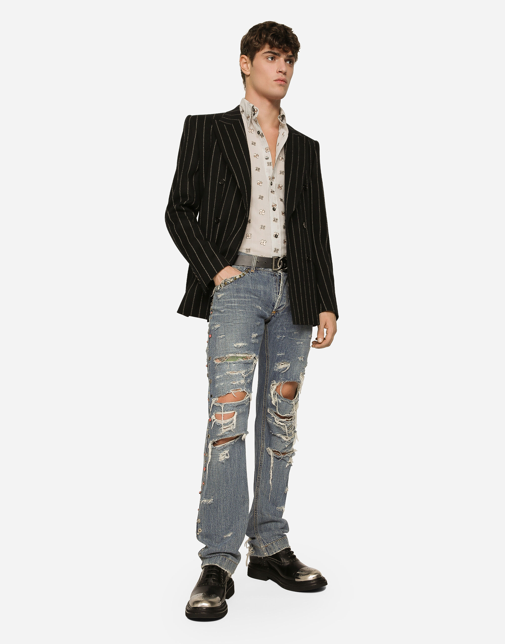 Washed denim jeans with studs and rips in Multicolor | Dolce&Gabbana®