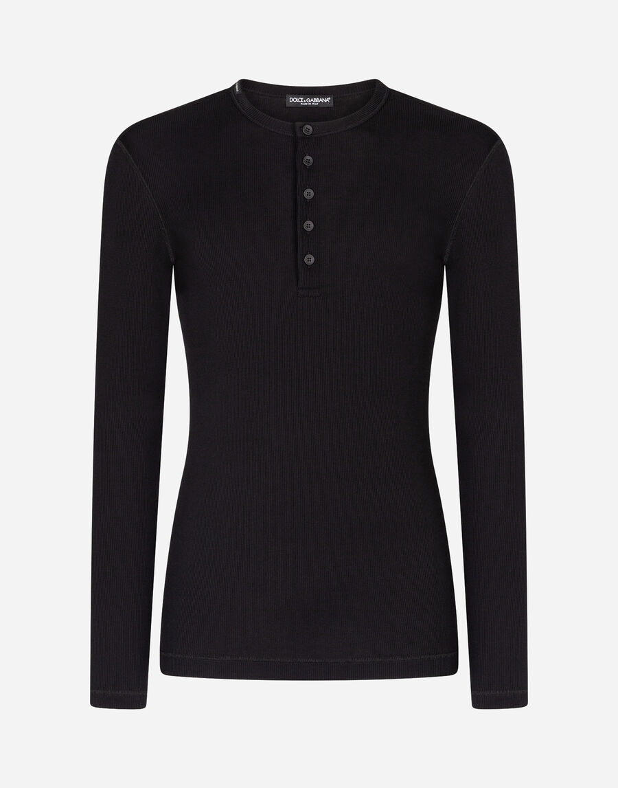 Fine-rib cotton granddad-neck t-shirt with long sleeves