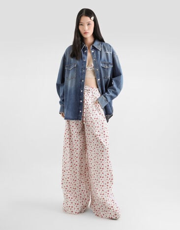 Dolce & Gabbana Pantalones en popelina con estampado de pequeñas rosas Multicolor FTDCOTHS5UB