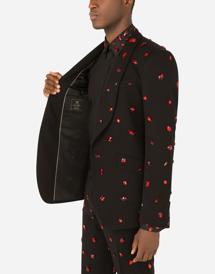 Dolce & Gabbana スーツ シチリアフィット ストレッチウール ラインストーン ブラック GKJNMZFUBEG