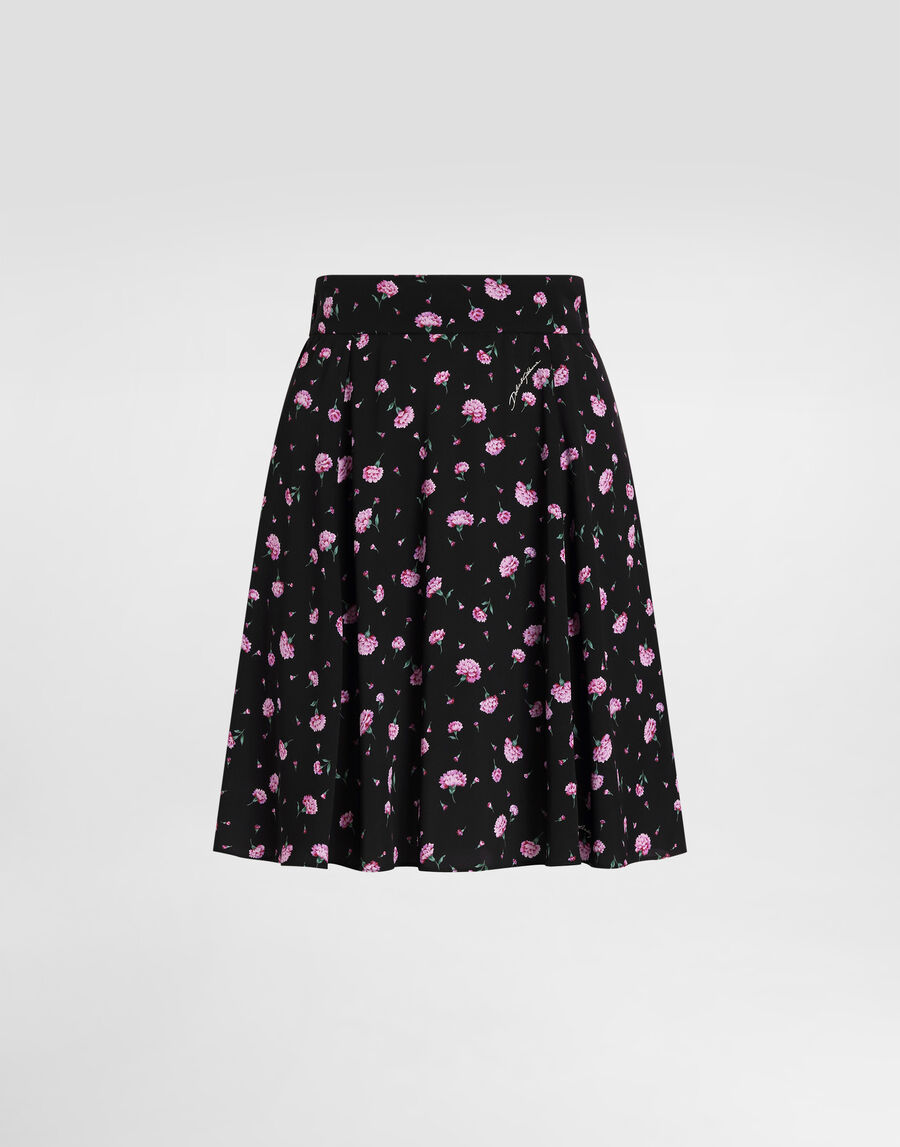 Carnations-print silk canvas skirt