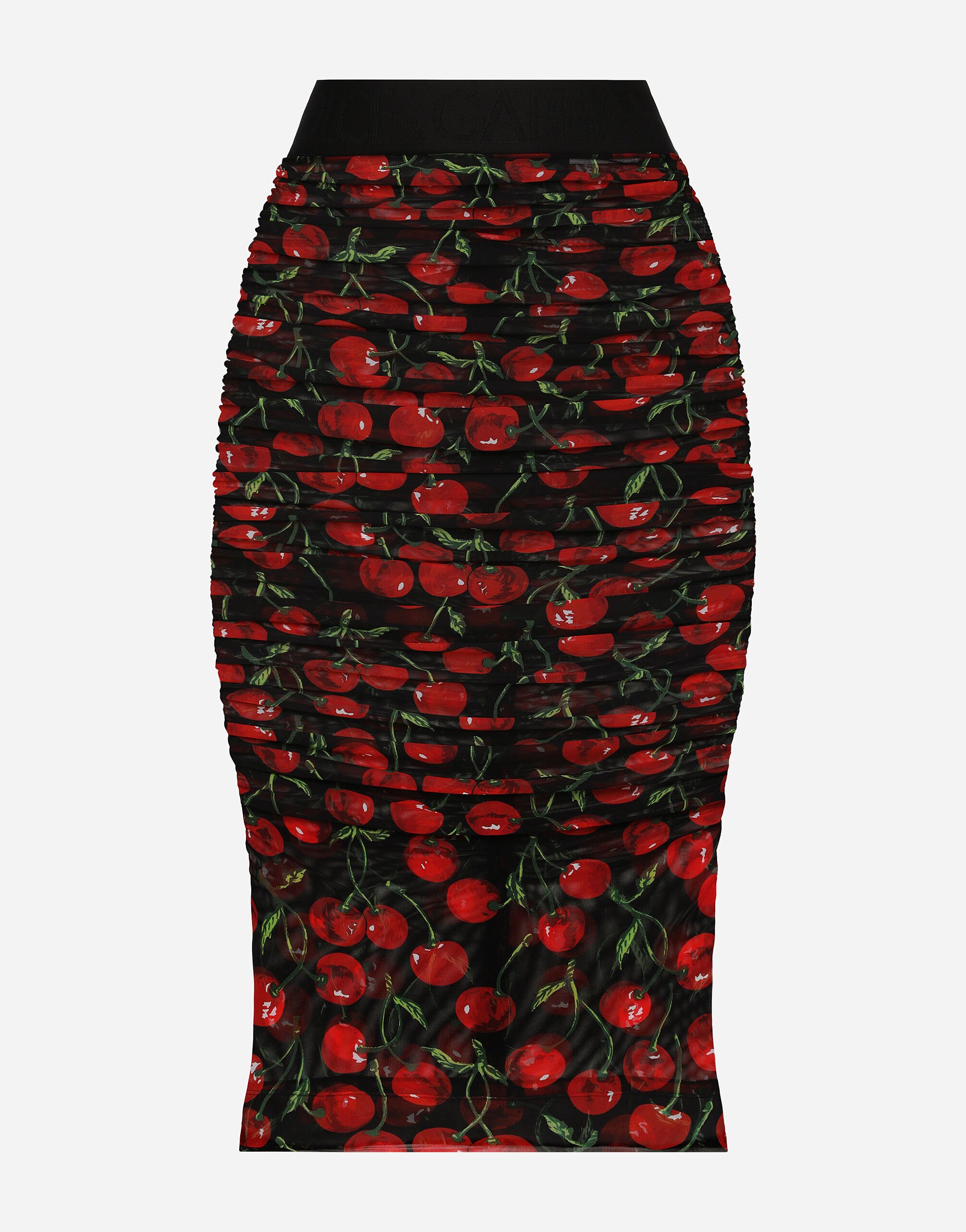 Dolce & Gabbana Cherry-print tulle midi skirt with branded elastic and draping Black FTAM2TFJRD0
