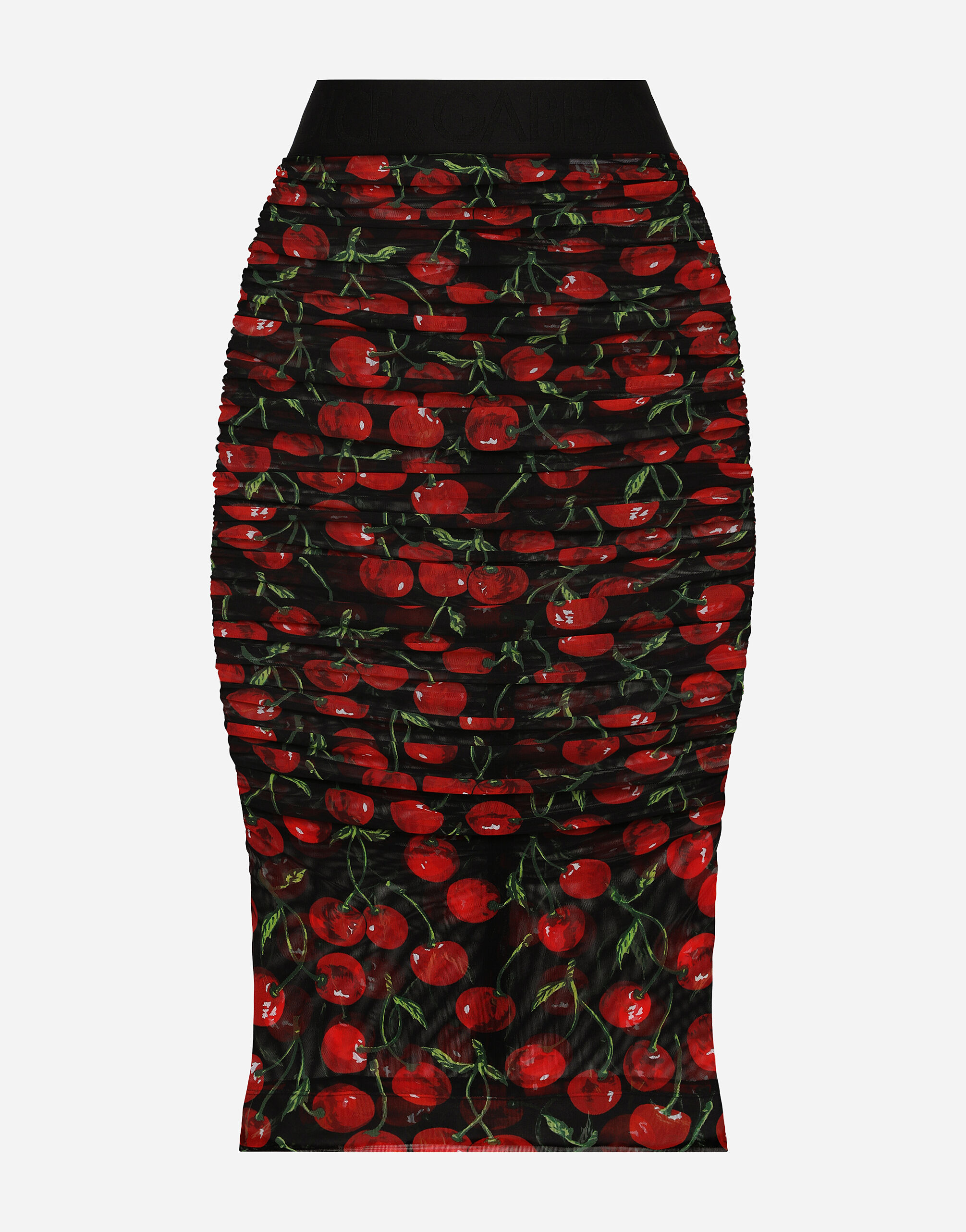 Cherry print tulle midi skirt with branded elastic and draping in