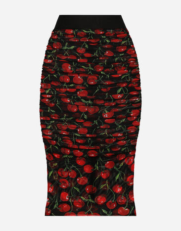 Dolce&Gabbana Cherry-print tulle midi skirt with branded elastic and draping Multicolor F6BETTIS1QA