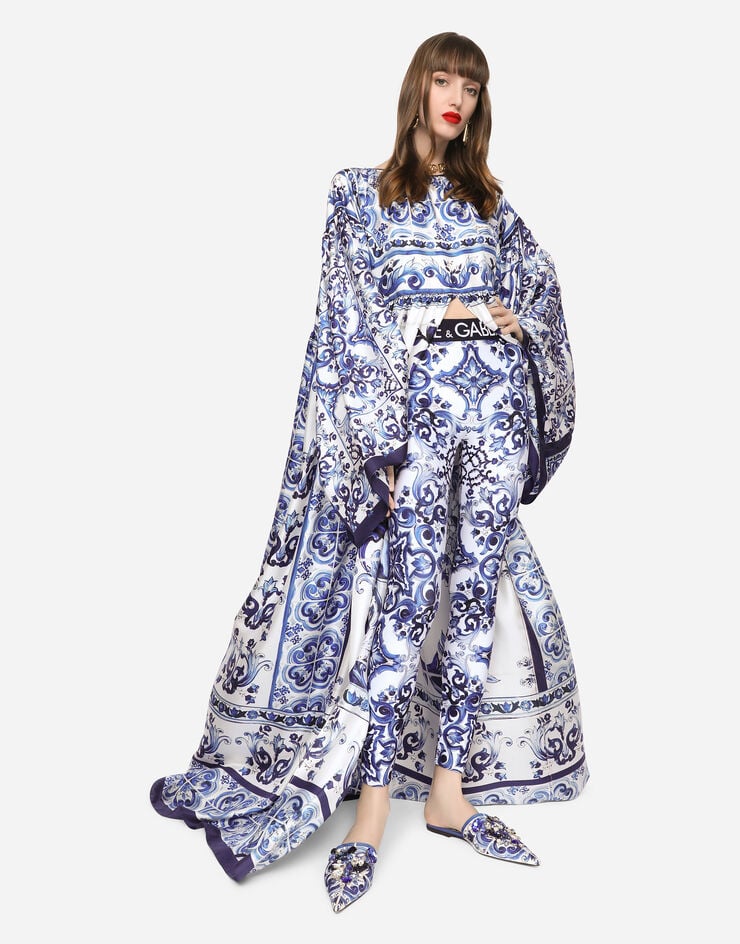 Dolce & Gabbana Caftán en sarga de seda con estampado de mayólica Multicolor F6ALQTHI1BM