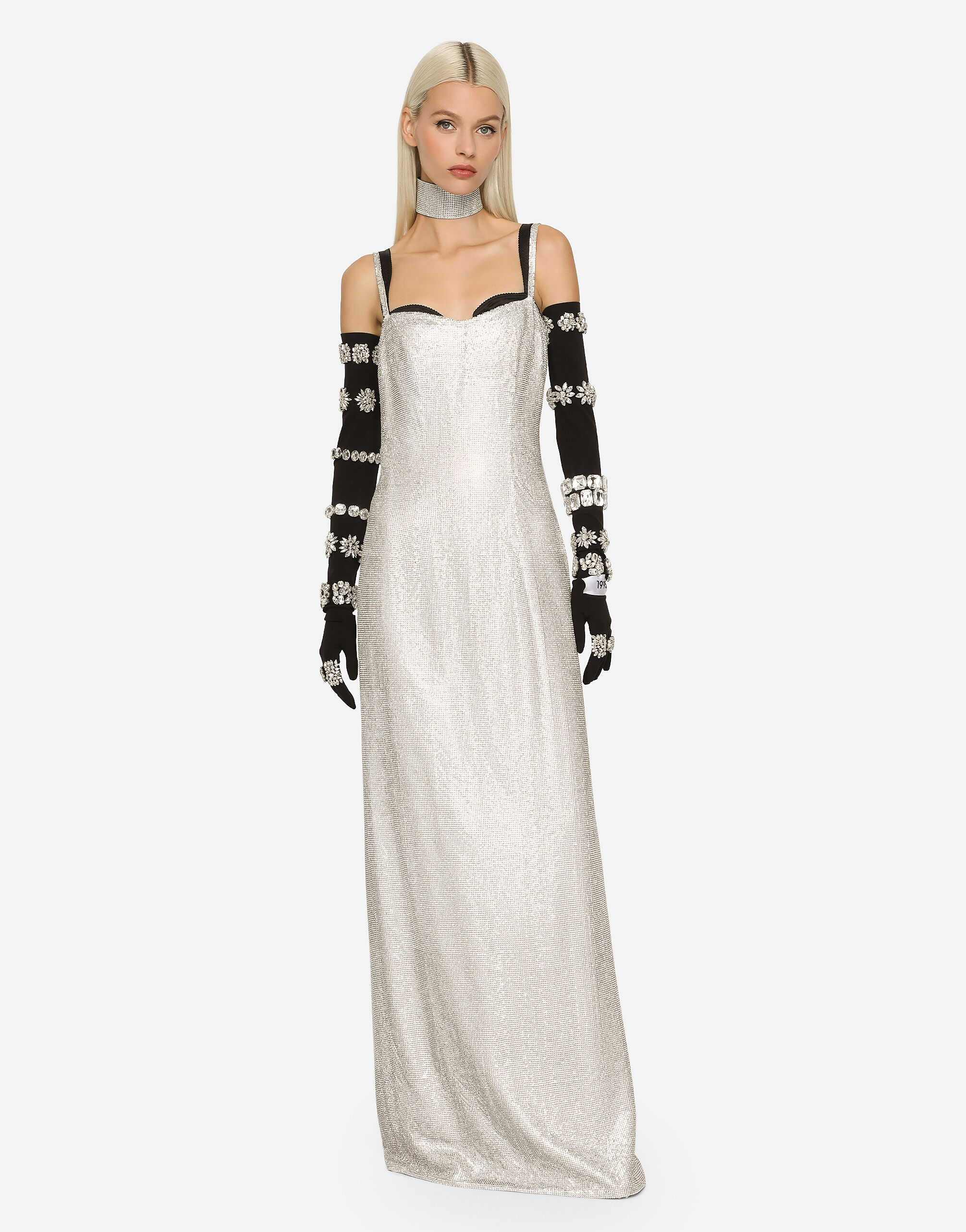 KIM DOLCE&GABBANA Long crystal mesh slip dress in Multicolor