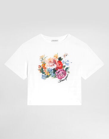 Dolce & Gabbana Kurzärmeliges T-Shirt aus Jersey mit Blumenprint Weiss L5JTNLG7PHR
