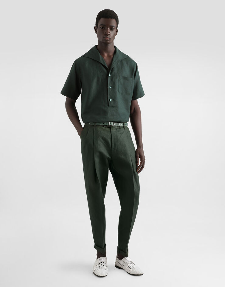 Dolce & Gabbana Camisa con tres botones y manga corta de lino Verde G5NE3TFU4JB