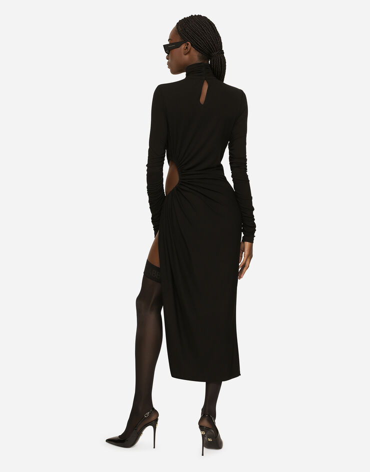 Dolce&Gabbana Longuette-Kleid aus Jersey mit hohem Kragen und Cut-out Schwarz F6R3UTFUGBJ
