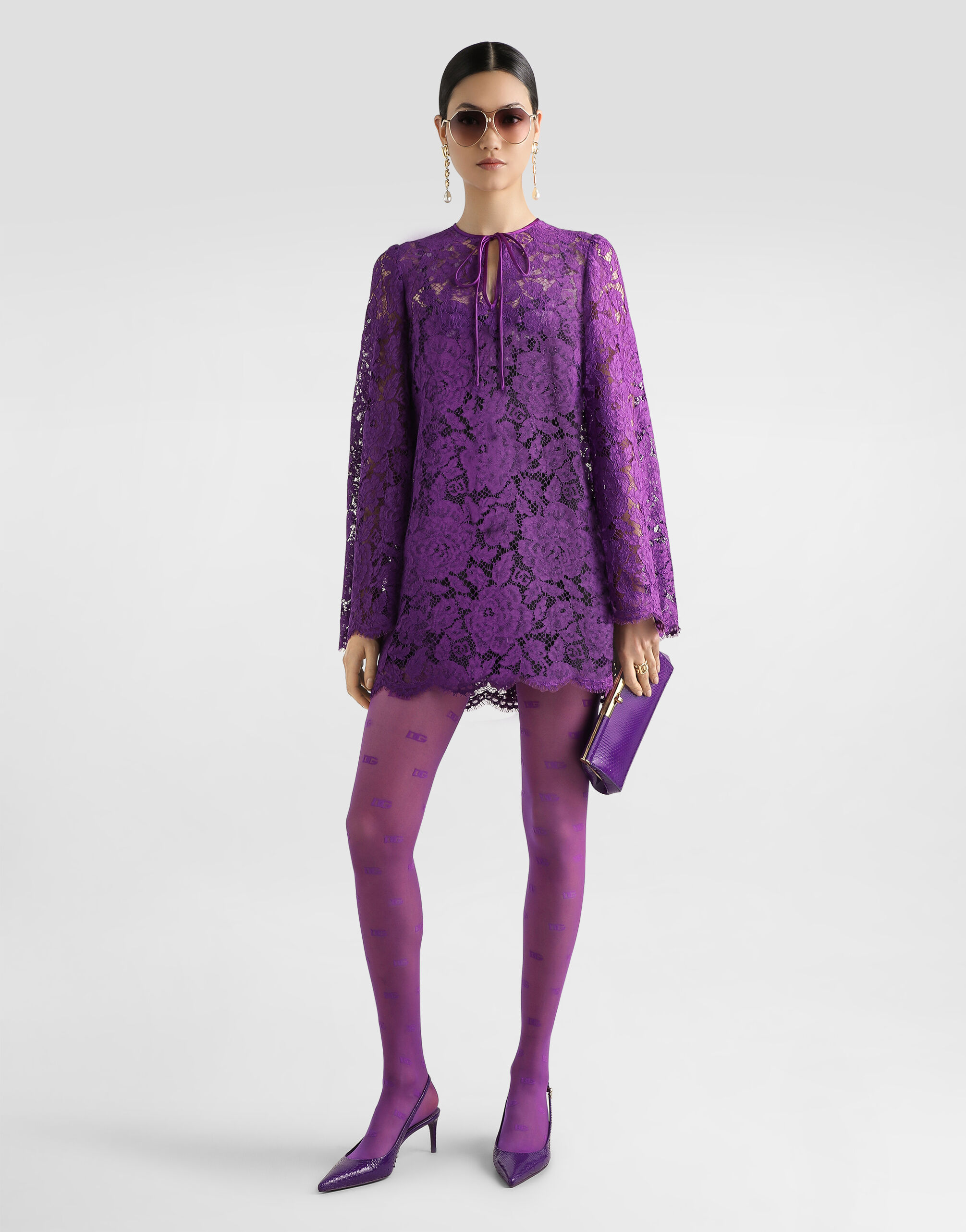 Cordonetto lace short dress in Purple for Women | Dolce&Gabbana® US
